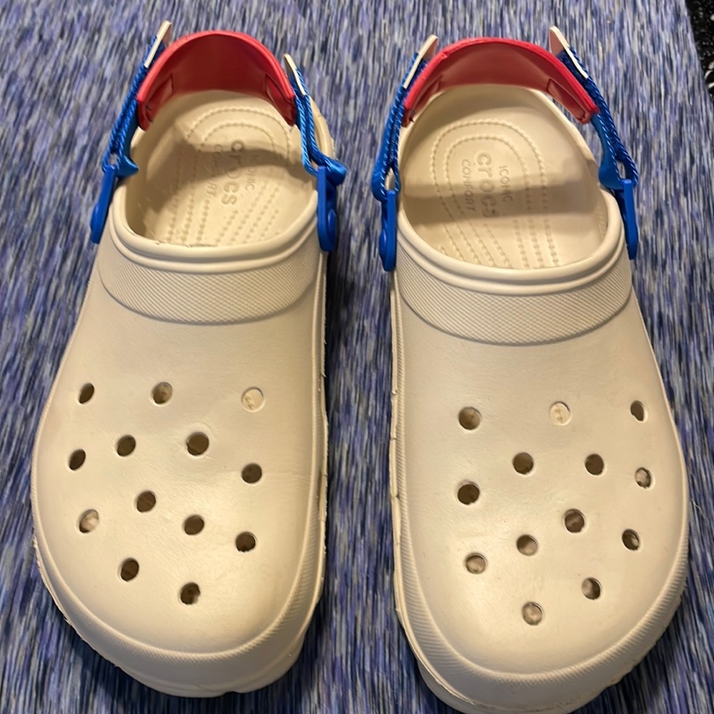 Red white and blue crocs. Worn 2 times.